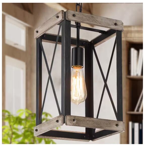 LNC Black Rustic Wood Cage Pendant Light Farmhouse Lantern Kitchen Pendant NEW - Picture 1 of 6